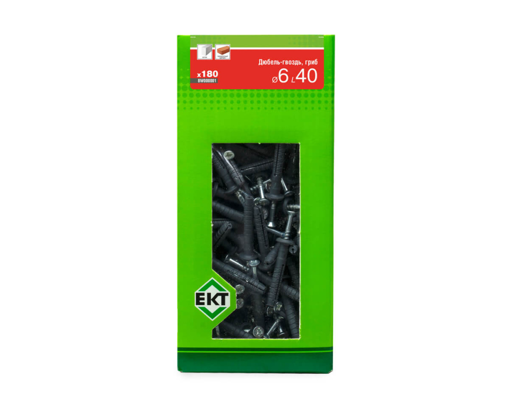 Дюбель-гвоздь GL, 6x40 гриб, п/п, ЕКТ (кор. с окном/180шт)